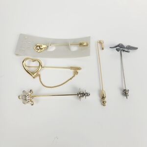 Vtg Lot of 5~Stickpin Stick Pin~Gold Tone~Pewter Bird~Turtle~Heart~Rhinestone
